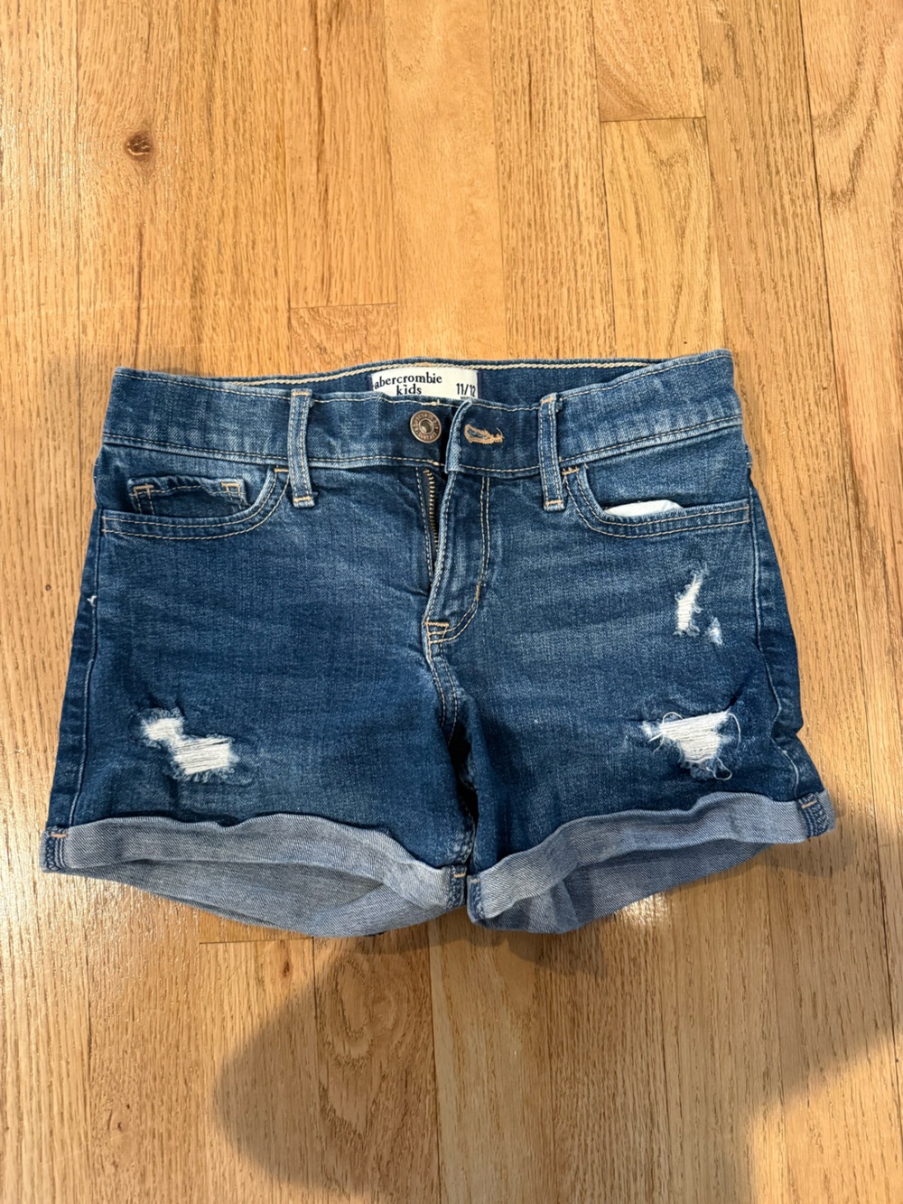 abercrombie kids dark blue distressed denim roll‑cuff shorts